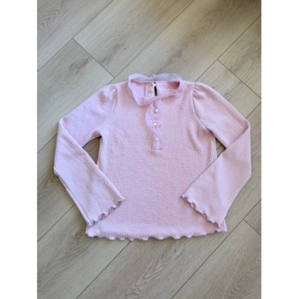 Lancuni Pink Knit Ruffle Pearl Button Top Lettuce Edge Long Sleeve Small